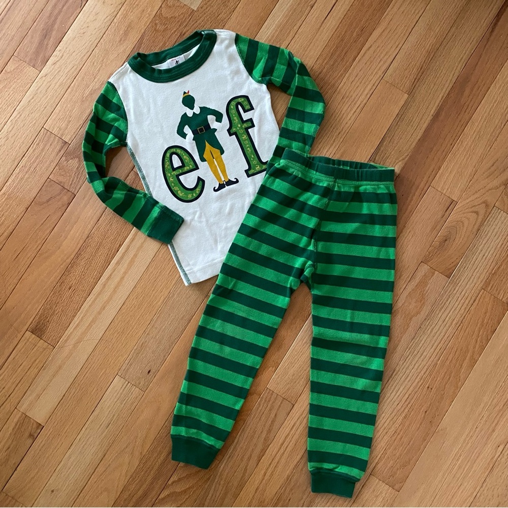EUC 4T Hanna Andersson Elf green striped pjs. Unisex. Boys or girls